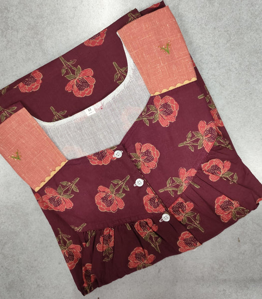 Soft Cotton Pleated, With Pockets, Half Open Medium Printed Nighty