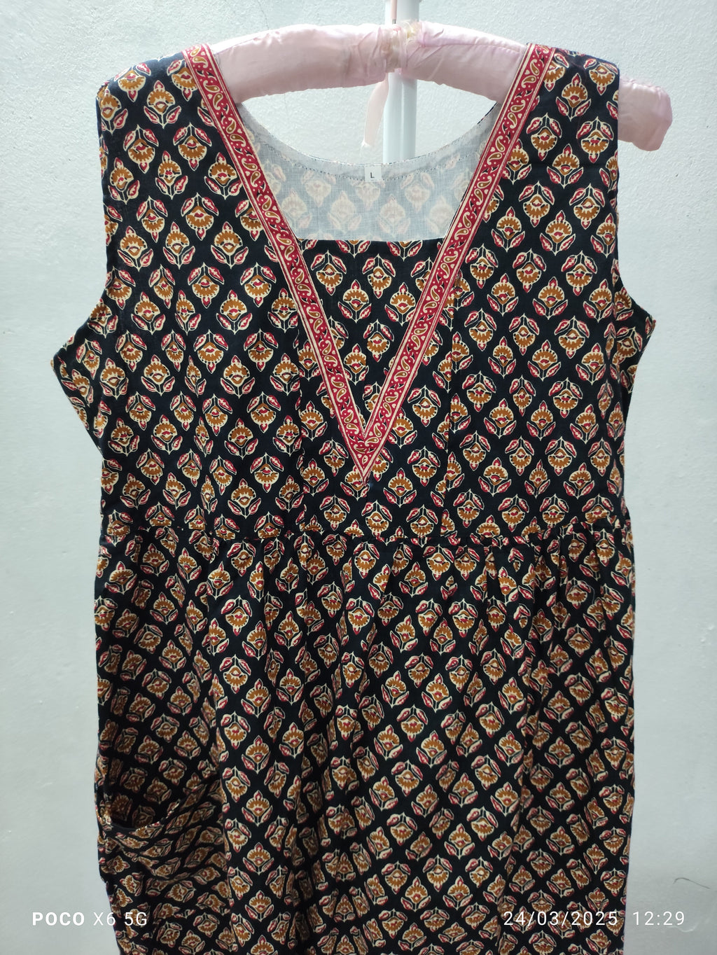 Cotton Pockets, Back A-line, Sleeveless, Side elastic Large Printed Frock Nighty