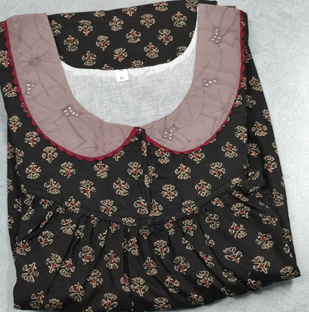 Cotton Pleated, Pockets, Half Open Medium Printed Nighty
