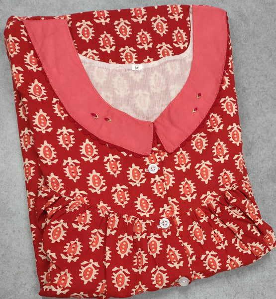 Cotton Pleated, Pockets, Half Open Medium Printed Nighty