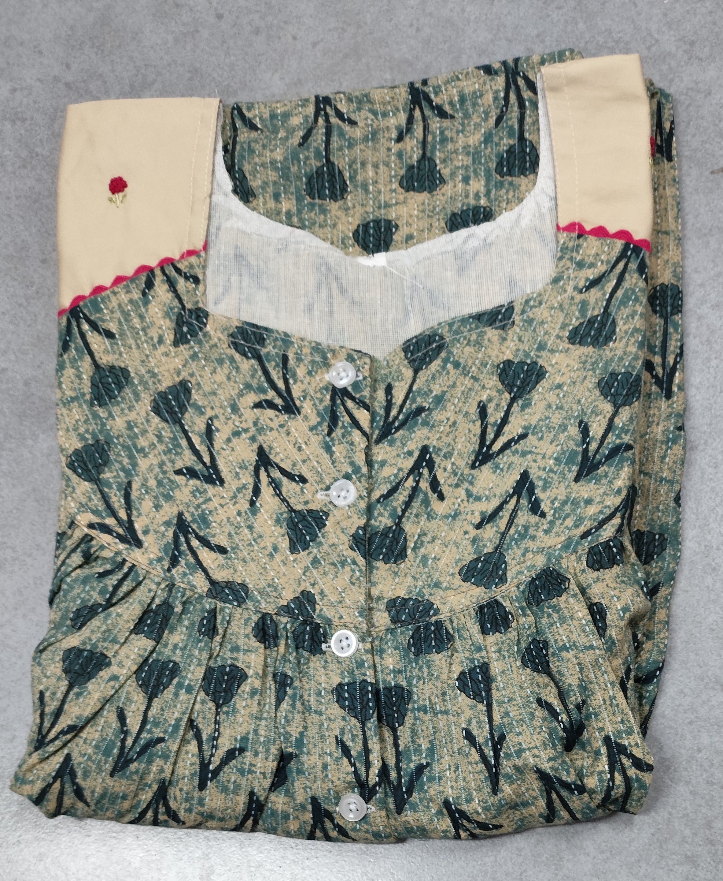 Cotton Pleated, Pockets, Half Open Medium Printed Nighty