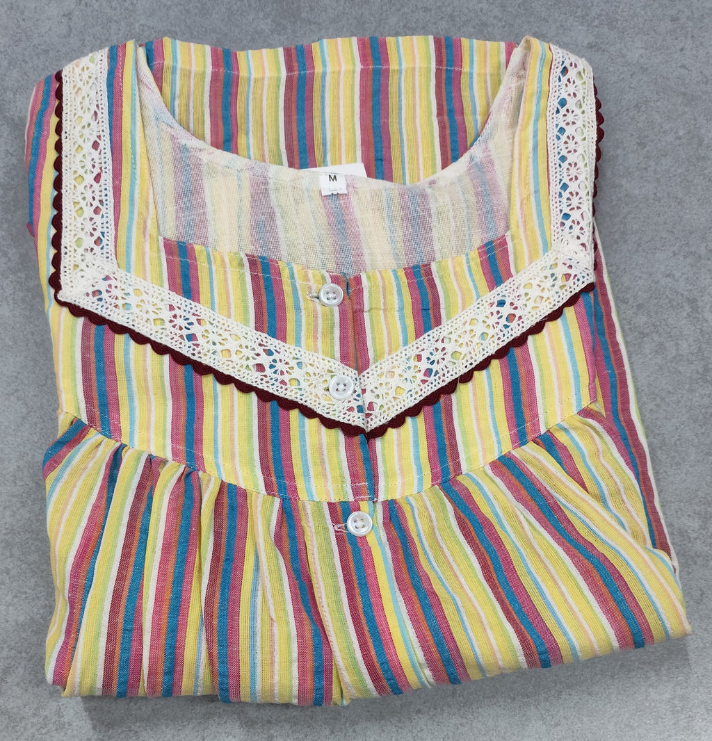 Cotton Pleated, Pockets, Full Open Medium Printed Nighty