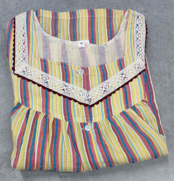 Cotton Pleated, Pockets, Full Open Medium Printed Nighty