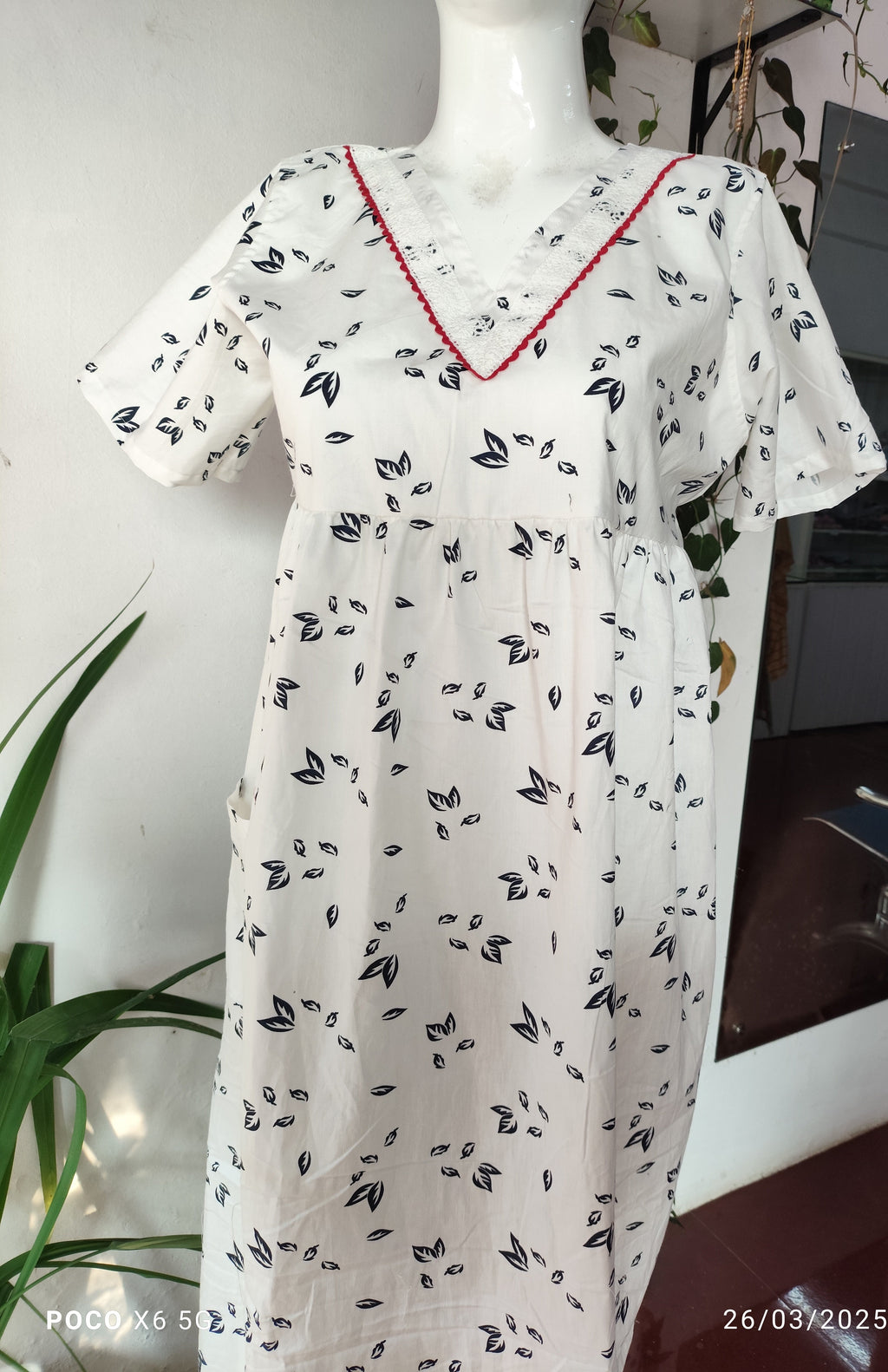 Cotton Pleated, With Pockets, Back A-line, Side elastic Medium Printed Frock Nighty