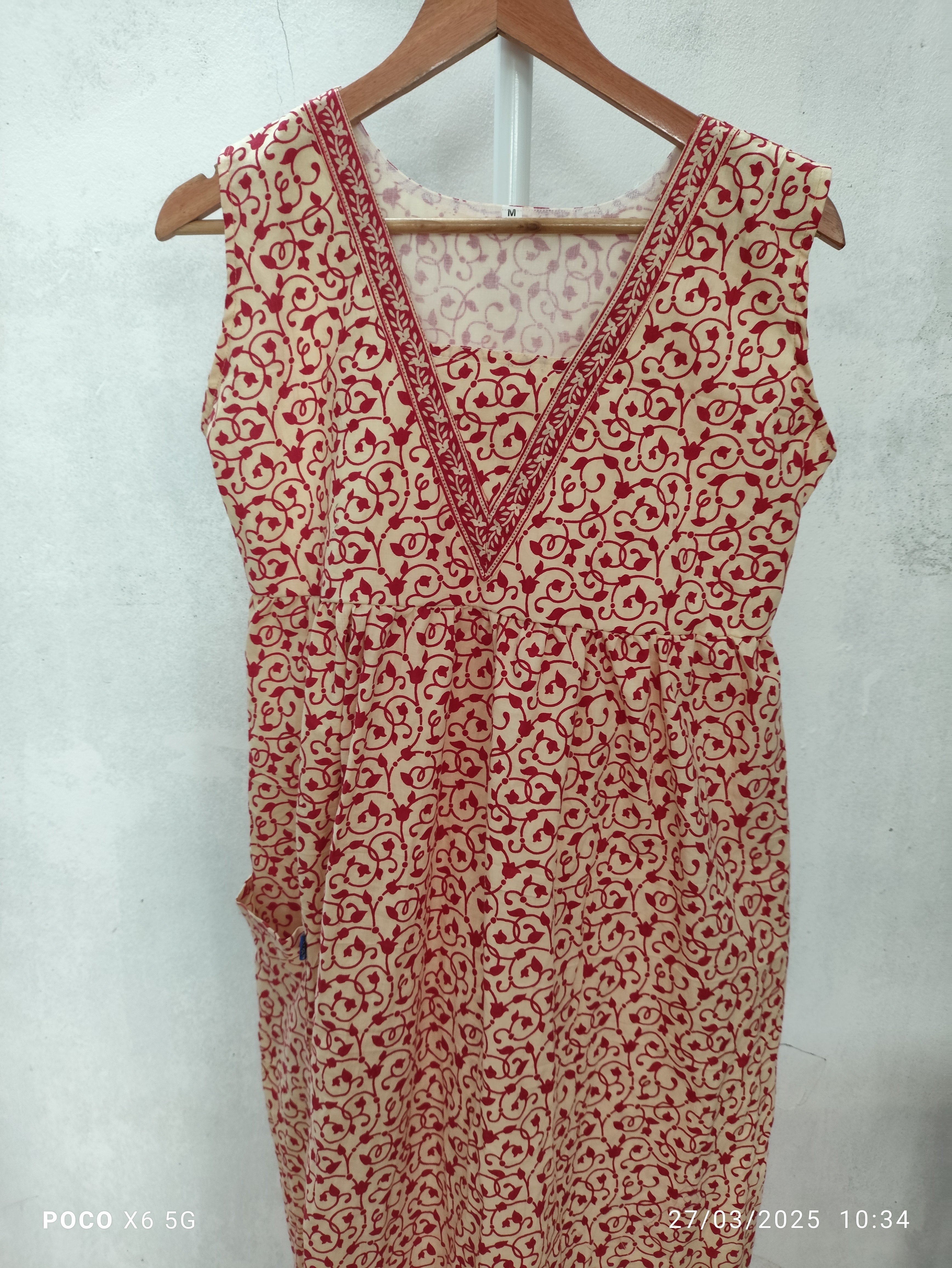 Cotton Pleated, With Pockets, Back A-line, Sleeveless, Side elastic Medium Printed Frock Nighty