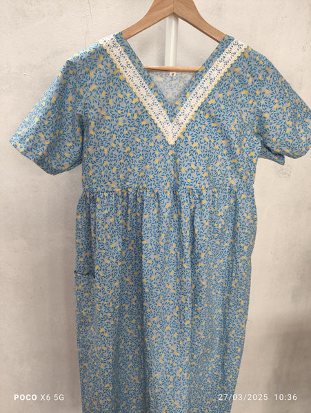 Cotton Pleated, With Pockets, Back A-line, Side elastic Medium Printed Frock Nighty