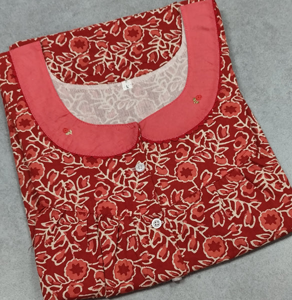 Cotton Pleated, With Pockets, No Open Large Printed Nighty
