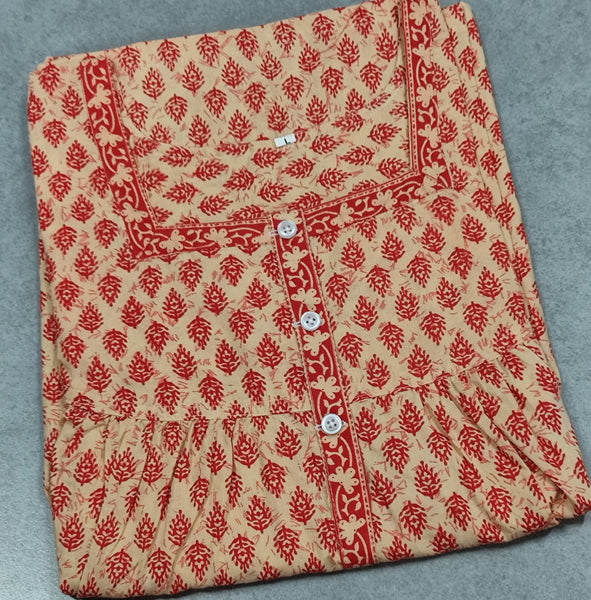 Cotton Pleated, With Pockets, Half Open Large Printed Nighty