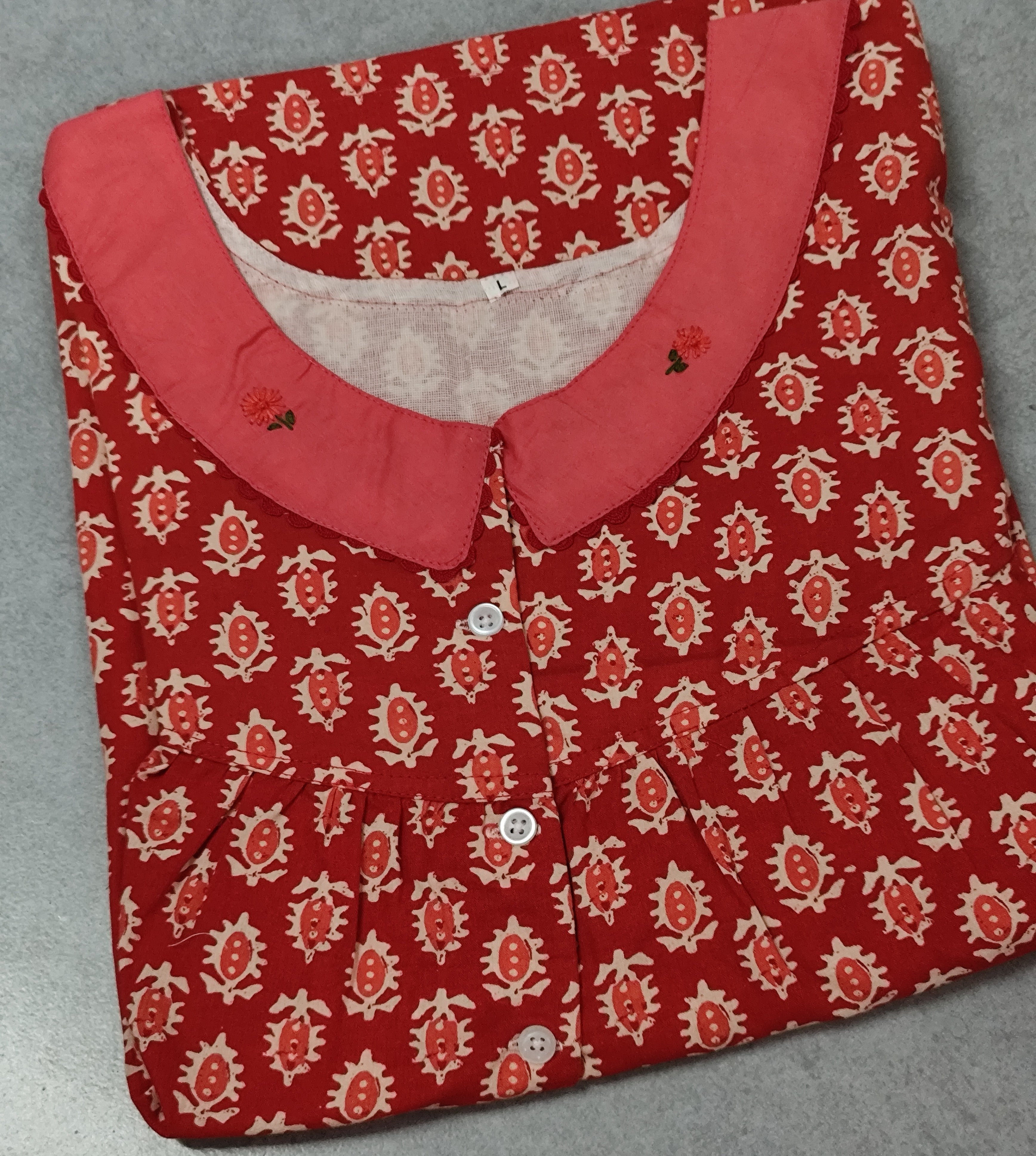 Cotton Pleated, With Pockets, Half Open Large Printed Nighty