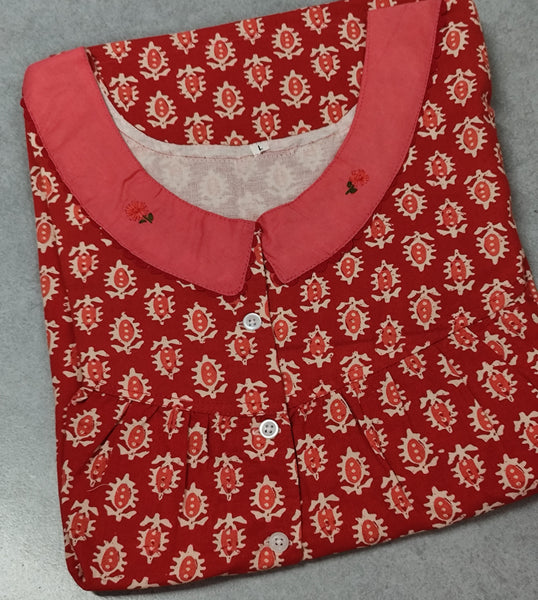 Cotton Pleated, With Pockets, Half Open Large Printed Nighty
