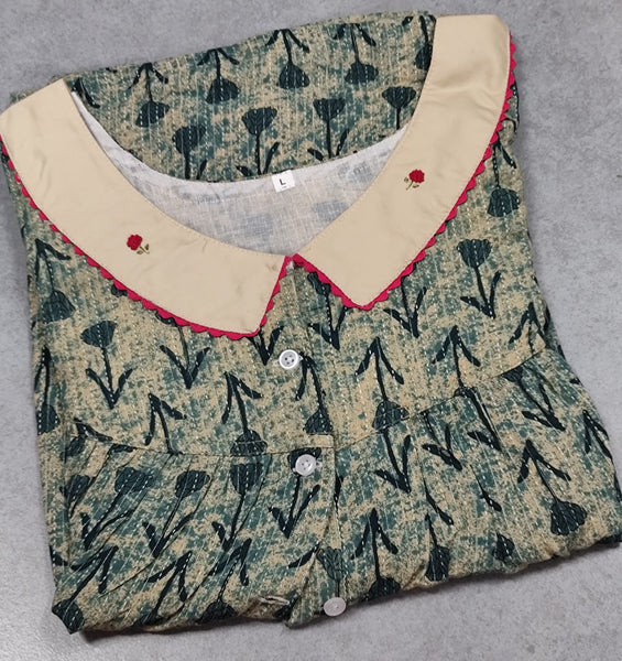 Cotton Pleated, With Pockets, Half Open Large Printed Nighty