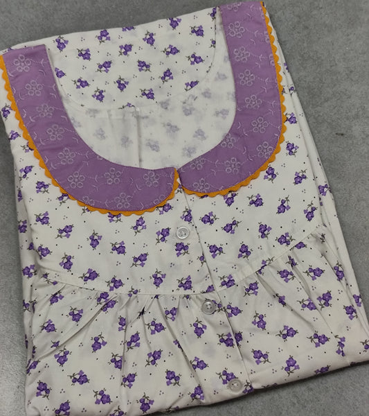 Cotton Pleated, With Pockets, Half Open Large Printed Nighty