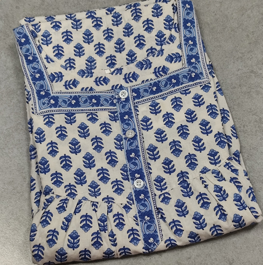 Cotton Pleated, With Pockets, Half Open Large Printed Nighty