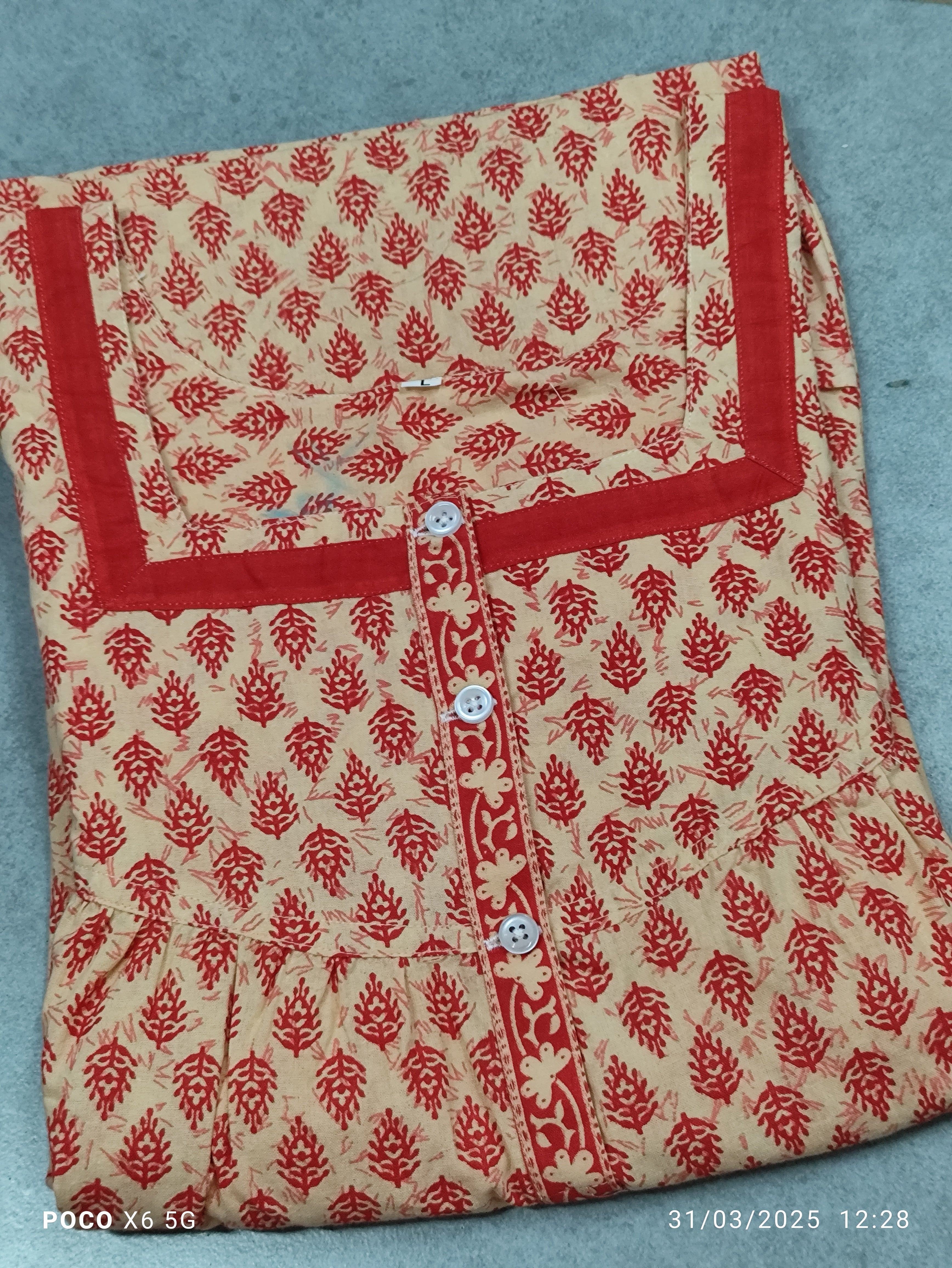 Cotton Pleated, With Pockets, Half Open Large Printed Nighty