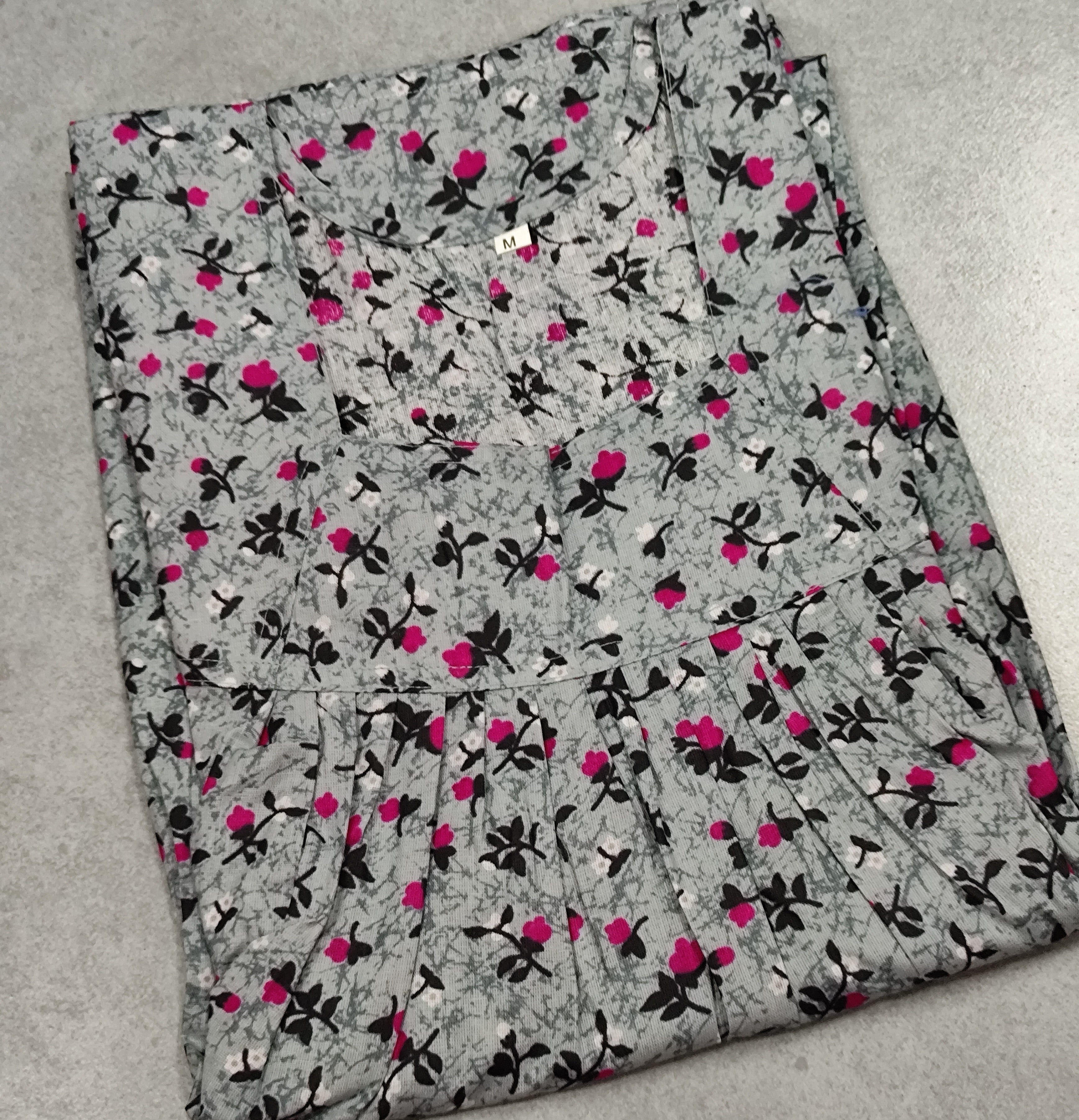 Cotton Pleated, No Open Medium Printed Nighty