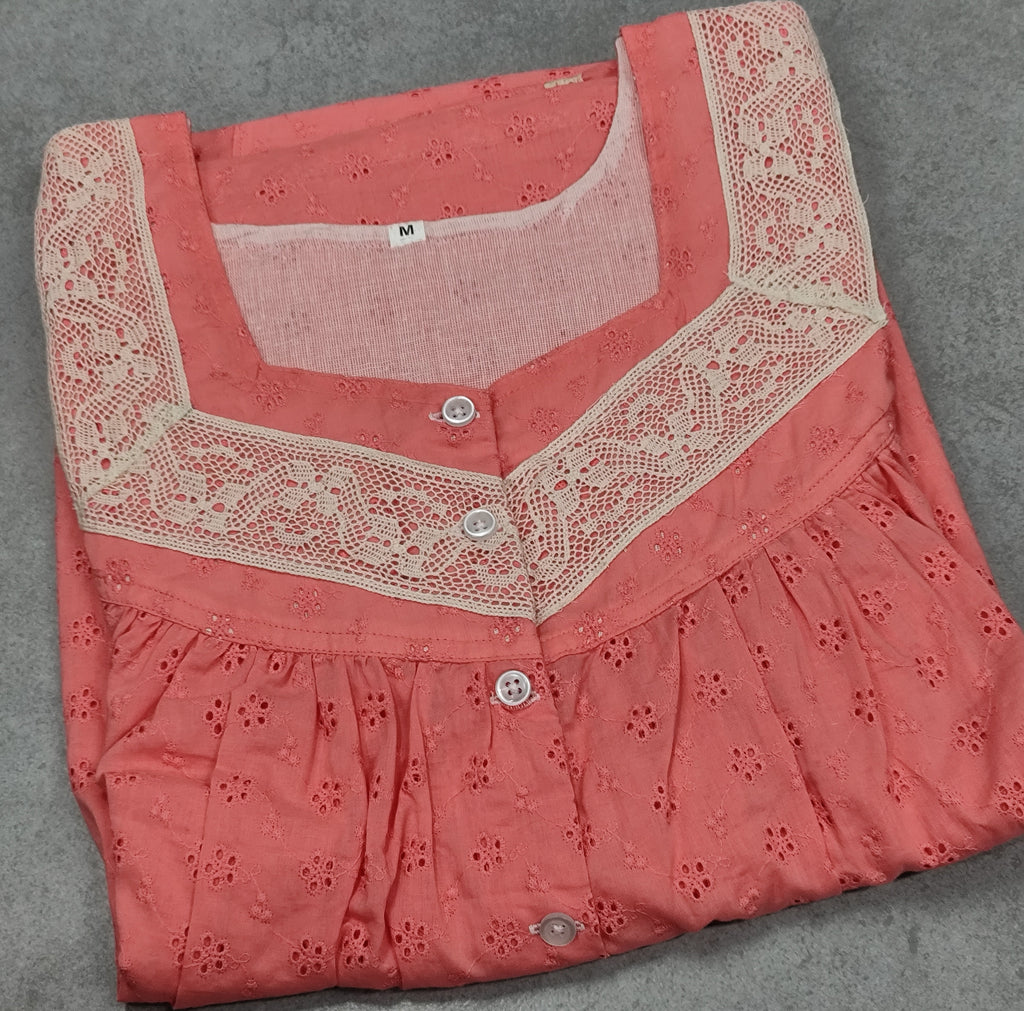 Cotton Pleated, Pockets, Half Open Small Printed Nighty