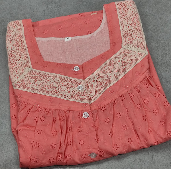 Cotton Pleated, Pockets, Half Open Small Printed Nighty