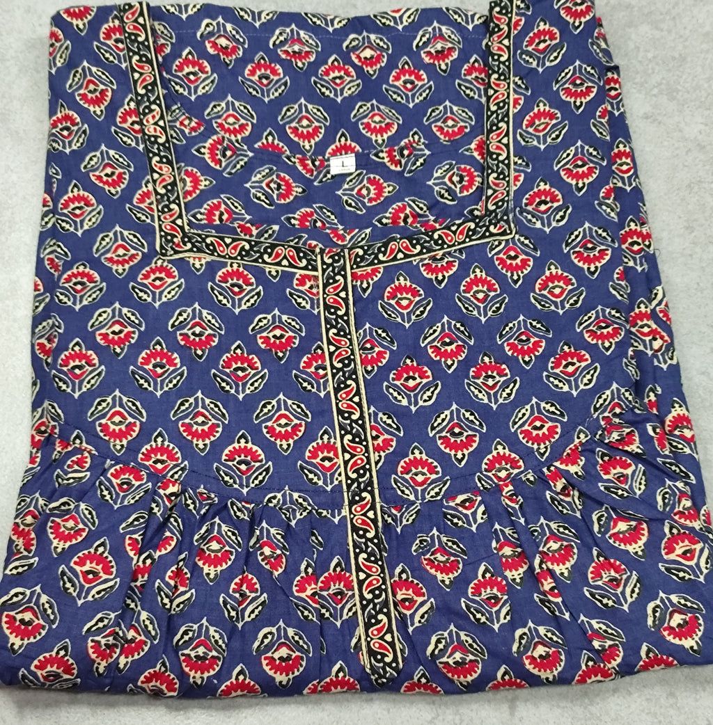 Cotton Pleated, No Open Small Printed Nighty