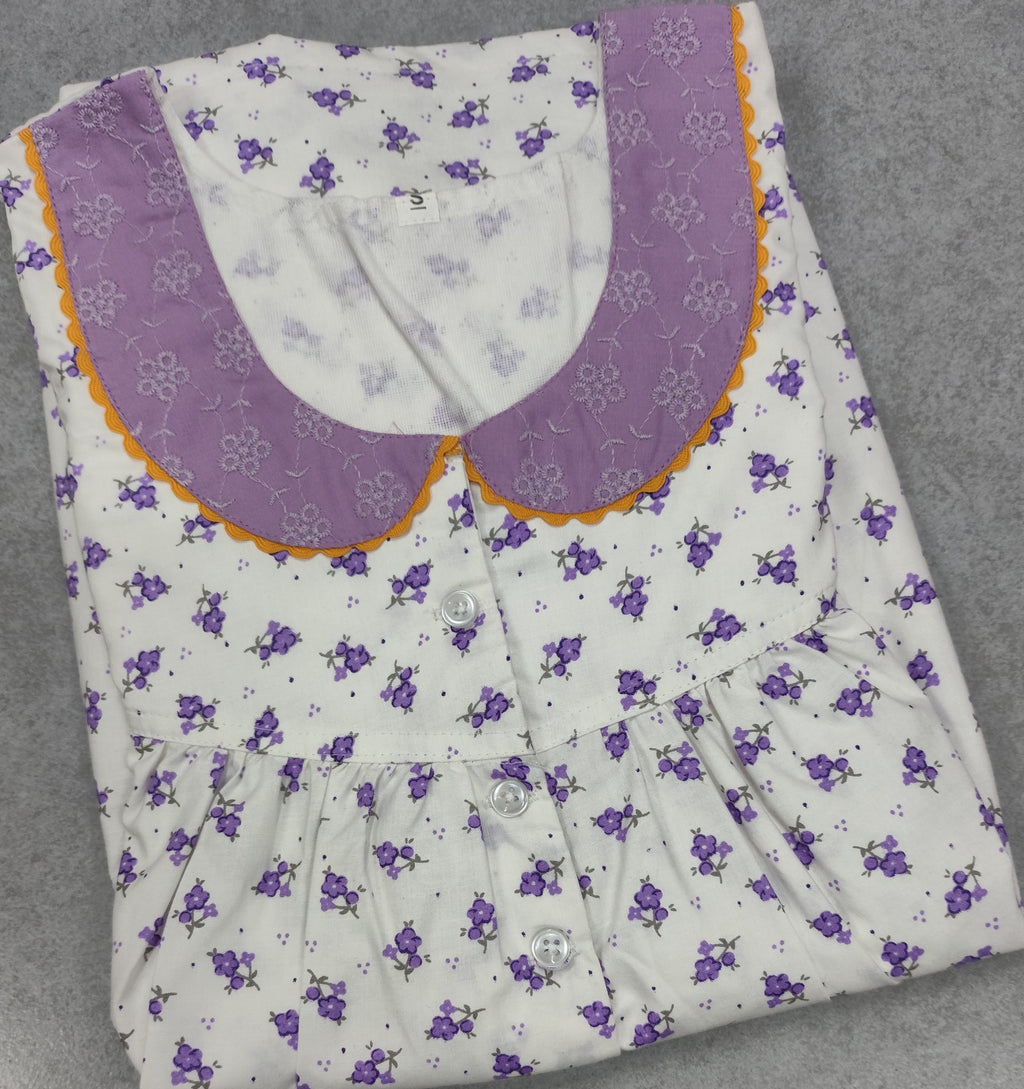 Cotton Pleated, Pockets, Half Open Small Printed Nighty