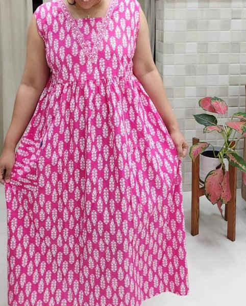 Cotton Pleated, With Pockets, Back A-line, Side elastic Large Printed Frock Nighty
