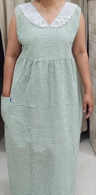 Cotton Pleated, With Pockets, Back A-line, Sleeveless, Side elastic Medium Printed Frock Nighty
