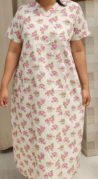 Cotton Pleated, Side zip, With Pockets, Back A-line, Side elastic Large Printed Frock Nighty