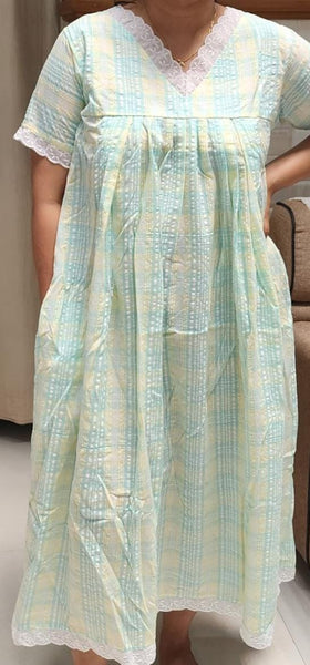 Cotton Pleated, With Pockets, Back A-line, Side elastic Medium Printed Frock Nighty