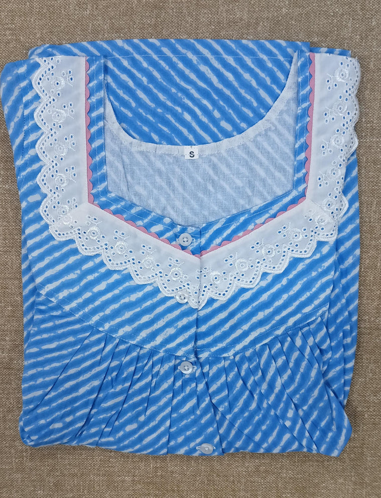 Soft Cotton Pleated, With Pockets, Half Open Small Printed Nighty