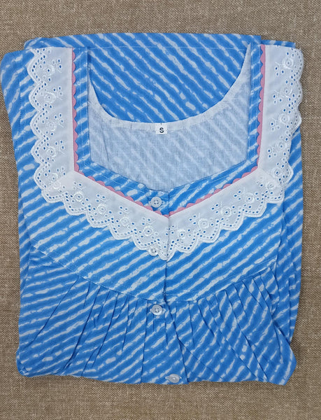 Soft Cotton Pleated, With Pockets, Half Open Small Printed Nighty