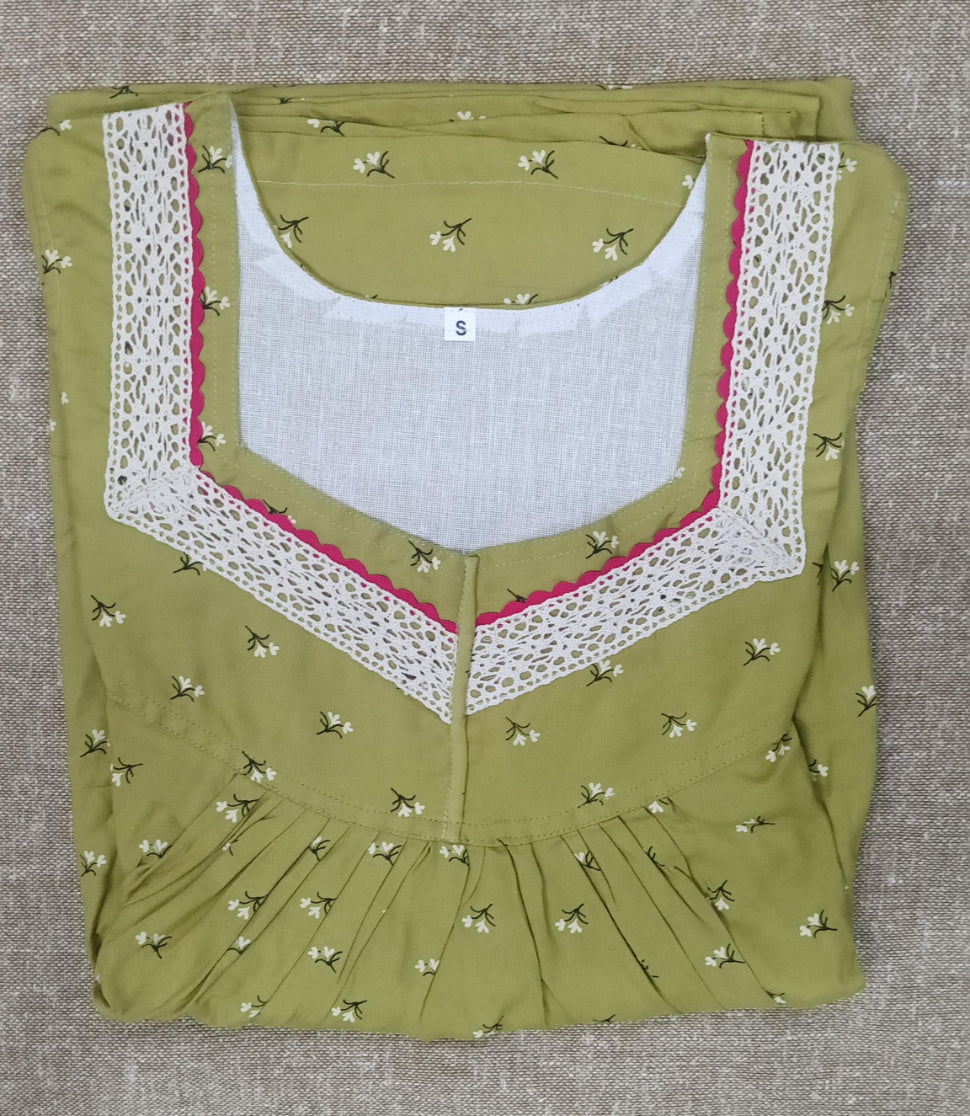 Rayon Pleated, With Pockets, No Open Small Printed Nighty