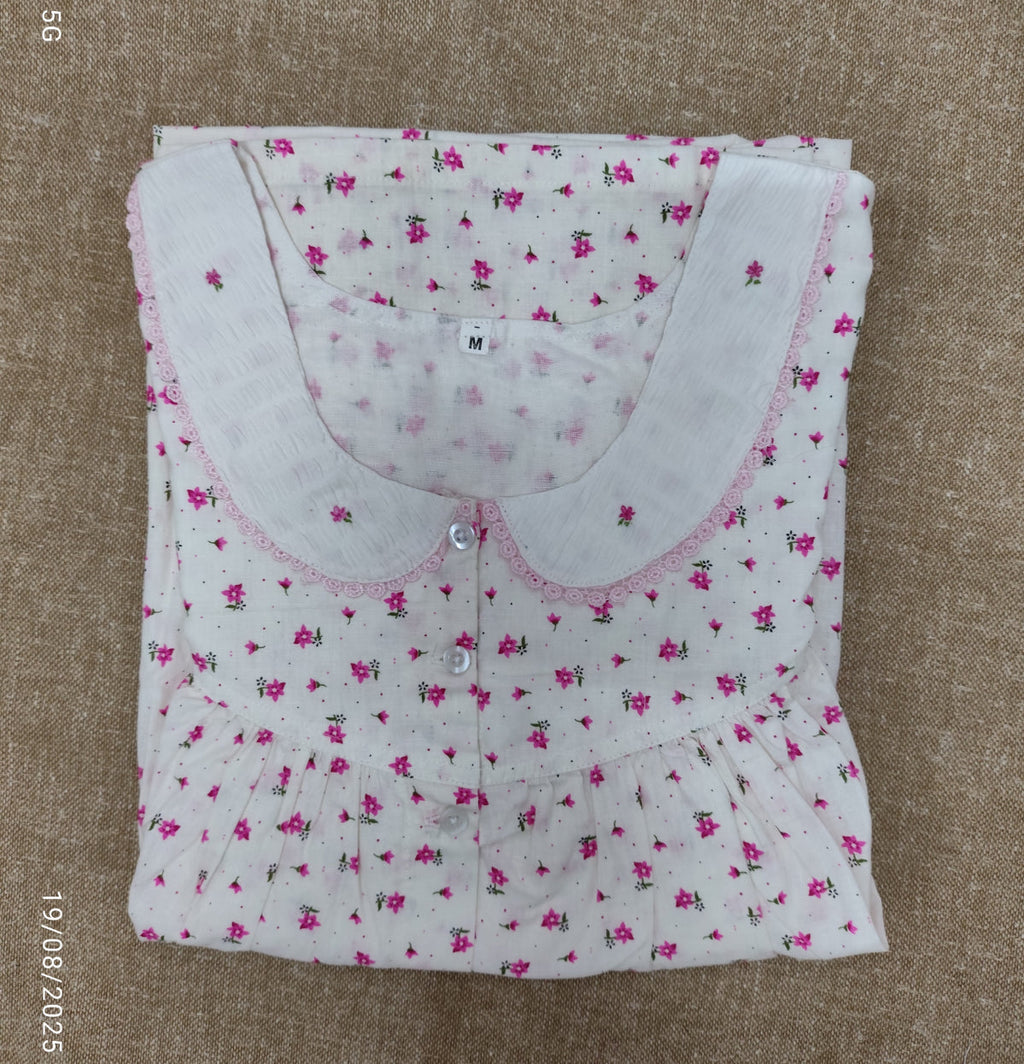 Soft Cotton Pleated, Full Open Medium Printed Nighty