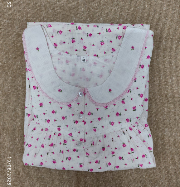 Soft Cotton Pleated, Full Open Medium Printed Nighty