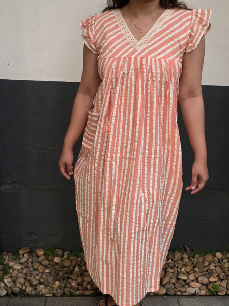 Cotton Side zip, With Pockets, Back A-line, Side elastic Large Printed Frock Nighty