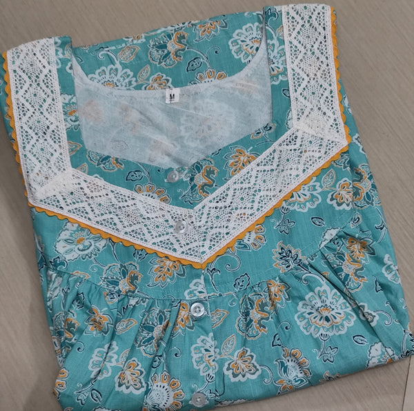 Cotton Pleated, With Pockets, Half Open Medium Printed Nighty