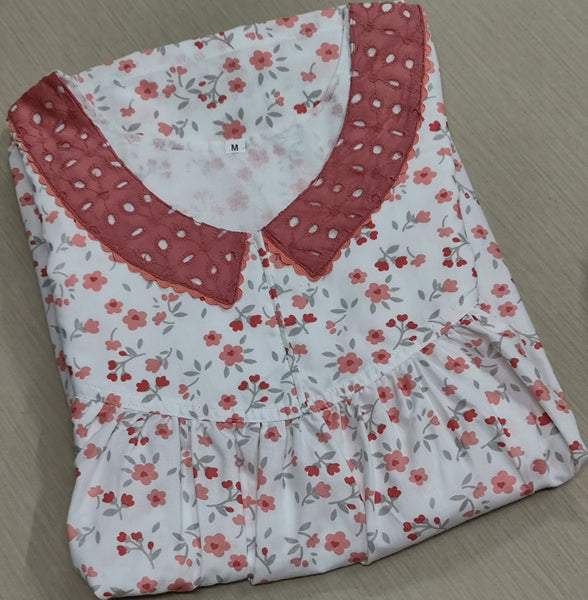 Cotton Pleated, With Pockets, No Open Medium Printed Nighty
