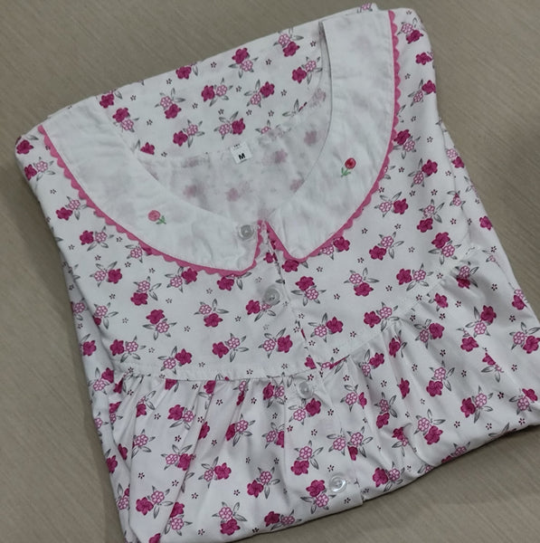 Cotton Pleated, With Pockets, Half Open Medium Printed Nighty