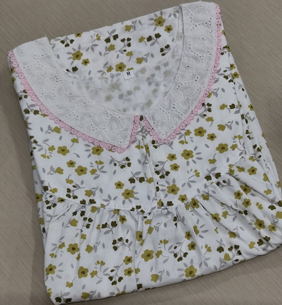 Cotton Pleated, With Pockets, No Open Medium Printed Nighty
