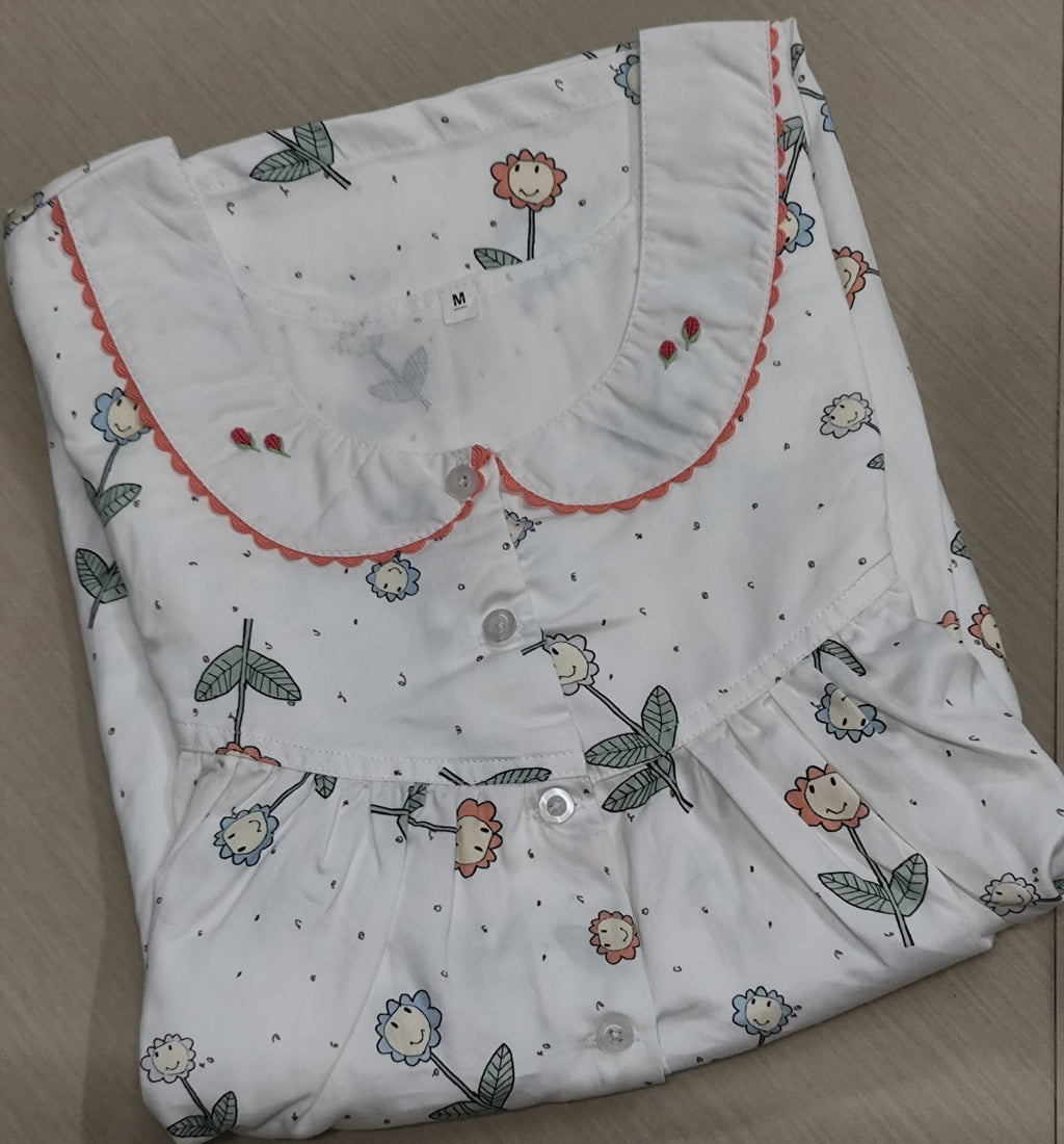 Cotton Pleated, With Pockets, Half Open Medium Printed Nighty