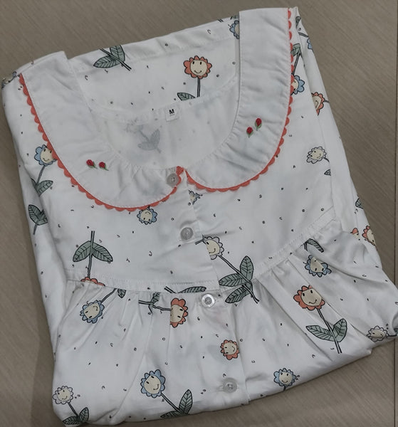Cotton Pleated, With Pockets, Half Open Medium Printed Nighty