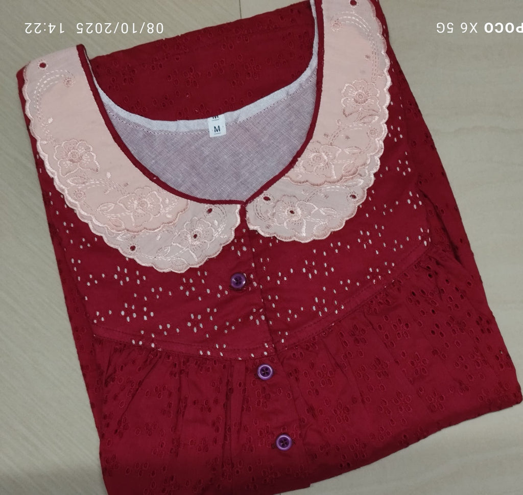 Hacoba Pleated, With Pockets, Half Open Large Printed Nighty