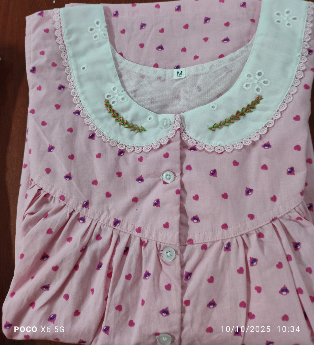 Cotton Pleated, With Pockets, Half Open Medium Printed Nighty