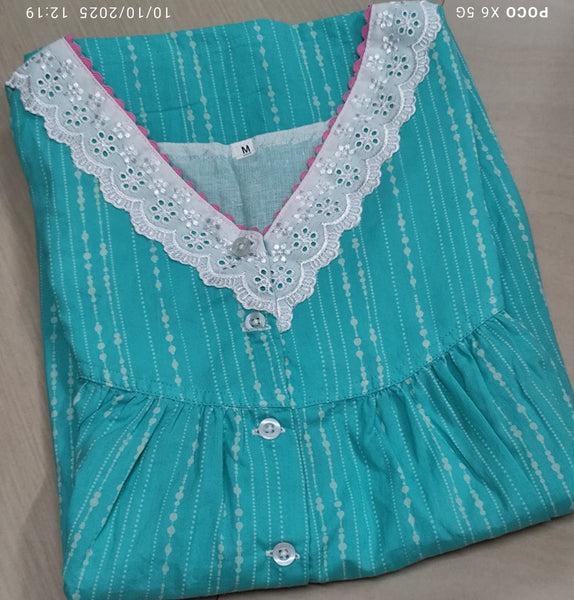 Cotton Pleated, With Pockets, Half Open Medium Printed Nighty