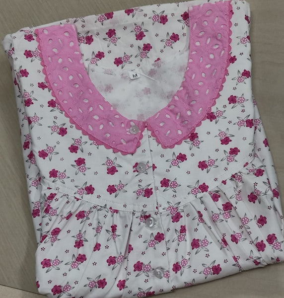Cotton Pleated, With Pockets, Half Open Large Printed Nighty