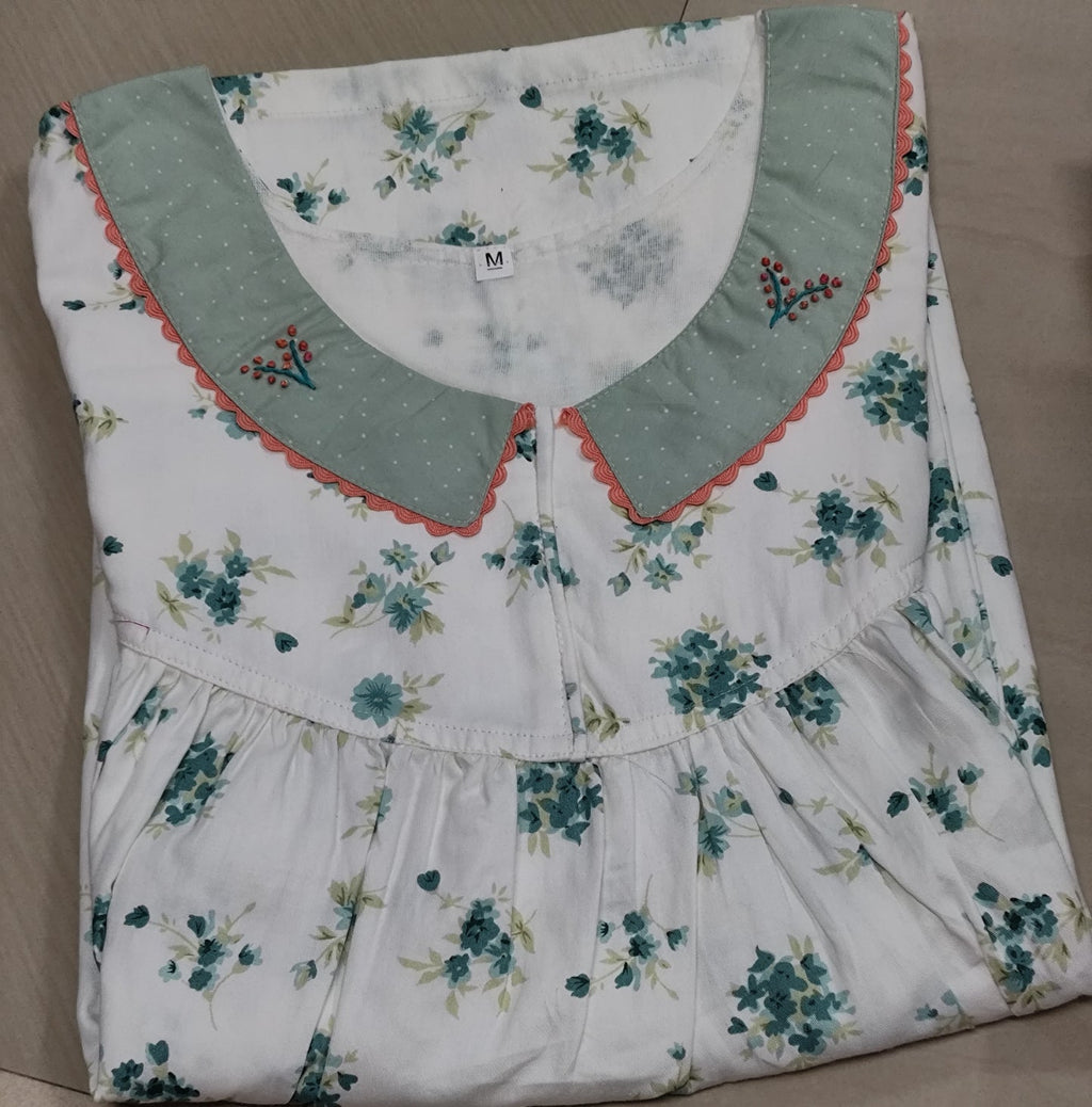 Soft Cotton Pleated, With Pockets, No Open Medium Printed Nighty