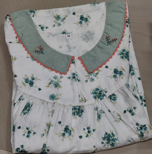 Soft Cotton Pleated, With Pockets, No Open Medium Printed Nighty