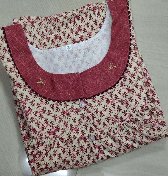 Cotton Pleated, Pockets, Half Open Xlarge Printed Nighty