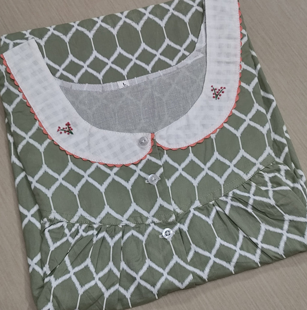 Soft Cotton Pleated, Pockets, Half Open Large Printed Nighty
