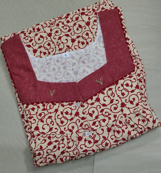Cotton Pleated, Pockets, Half Open Xlarge Printed Nighty