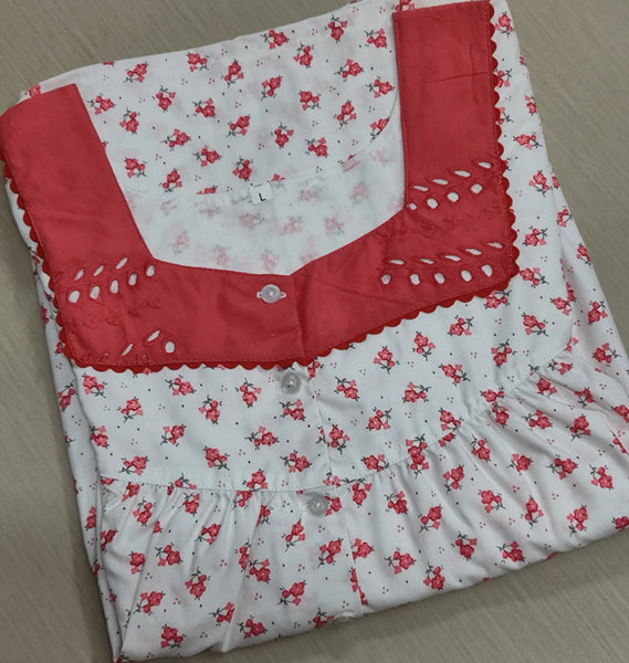 Cotton Pleated, With Pockets, Half Open Large Printed Nighty