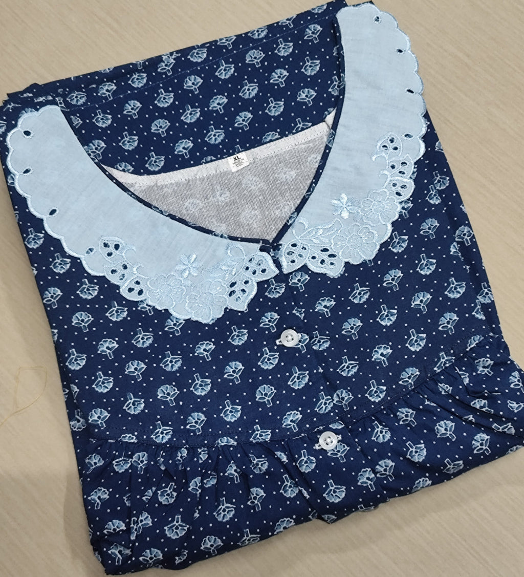 Cotton Pleated, With Pockets, Half Open Xlarge Printed Nighty